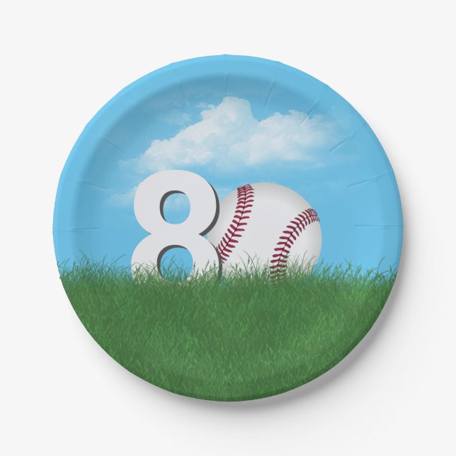 80th Birthday Baseball In Green Grass Paper Plate (Front)