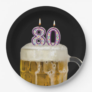 80th Birthday Beer on black Paper Plate