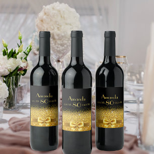 80th birthday black and faux gold bow name wine label