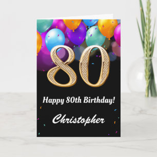 80th Birthday Black and Gold Colourful Balloons Card