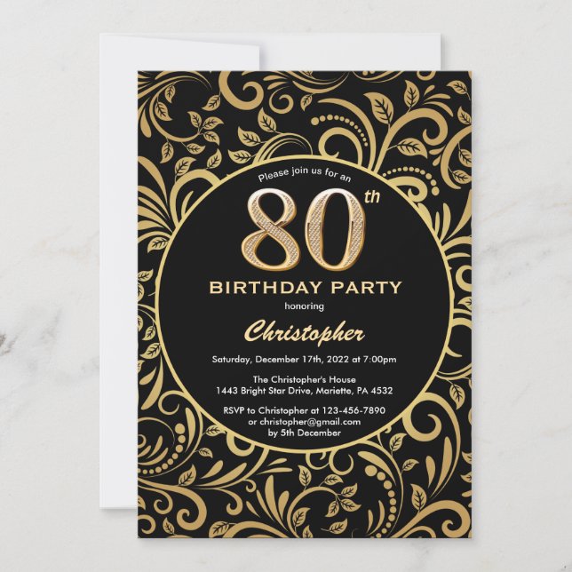 80th Birthday Black and Gold Floral Pattern Invitation (Front)