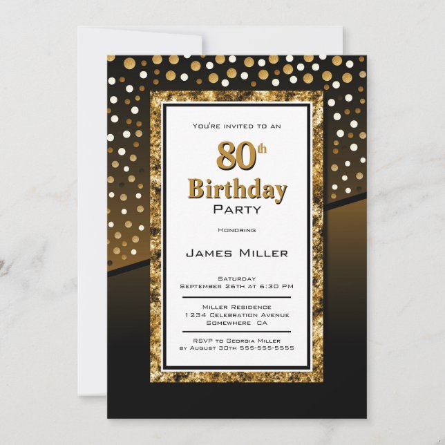 80th Birthday Black and Gold Invitation (Front)