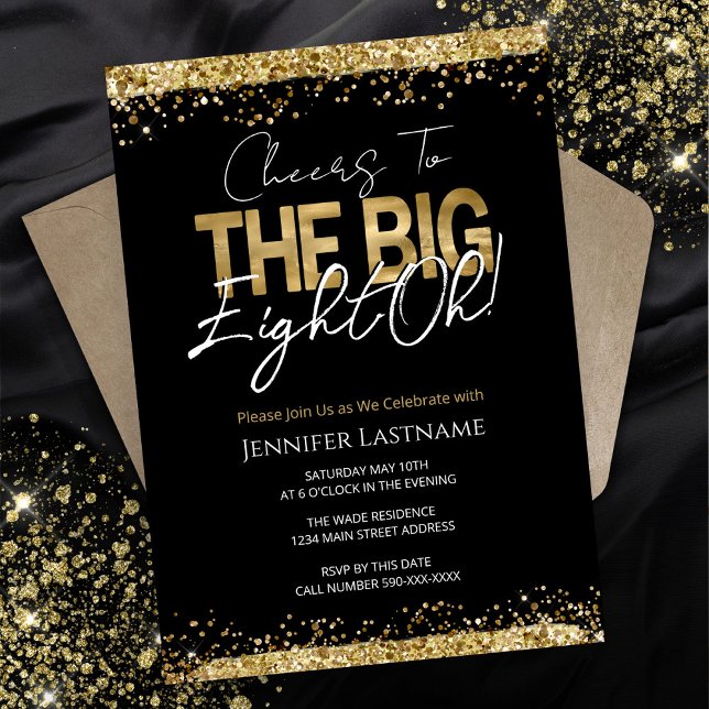 80th Birthday Black and Gold Invitation (Creator Uploaded)