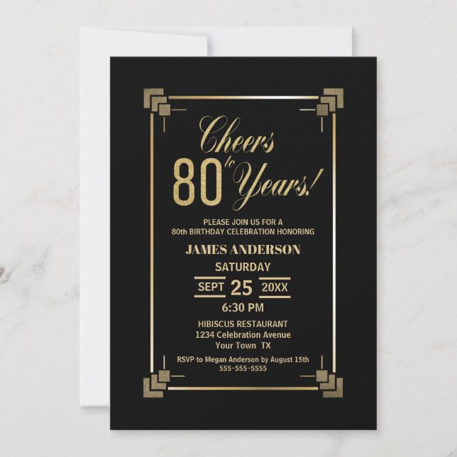 80th Birthday Black and Gold Party Invitation (Front)
