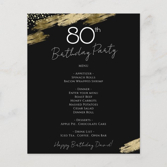80th Birthday Black and Gold Party Menu Flyer (Front)