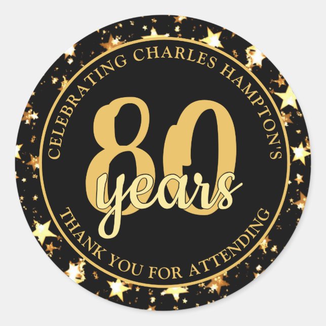 80th Birthday Black and Gold Stars THANK YOU Classic Round Sticker (Front)