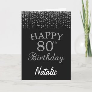 80th Birthday Black and Silver Glitter Card