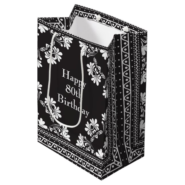 80th Birthday Black and White Bandanna  Medium Gift Bag (Front Angled)