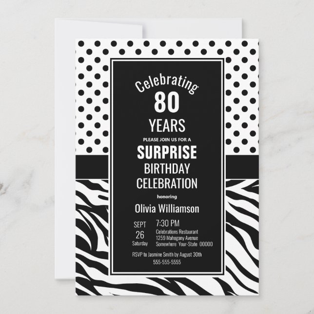 80th Birthday Black and White Surprise Party Invitation (Front)
