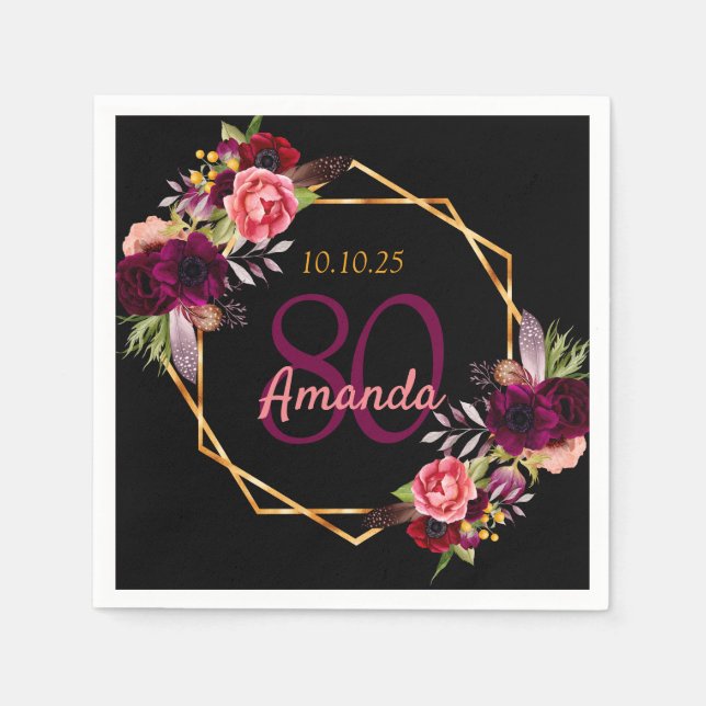 80th birthday black burgundy florals geometric napkin (Front)