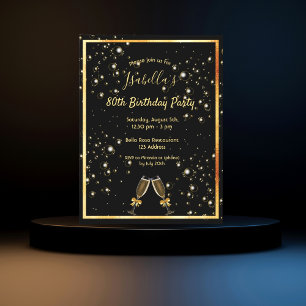 80th birthday black champagne bubbles invitation postcard