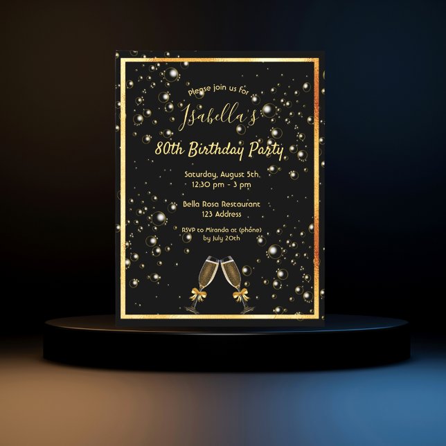 80th birthday black champagne bubbles invitation postcard (Creator Uploaded)