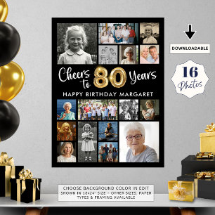 80th Birthday Black Gold 16 Photo Cheers to Years Poster