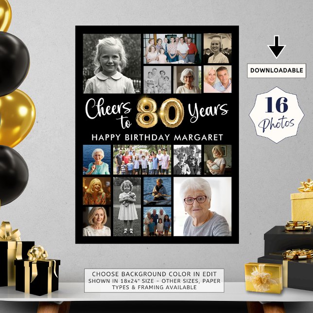 80th Birthday Black Gold 16 Photo Cheers to Years Poster (Creator Uploaded)