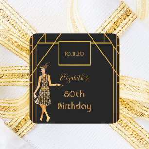 80th birthday black gold 1920' art deco square sticker