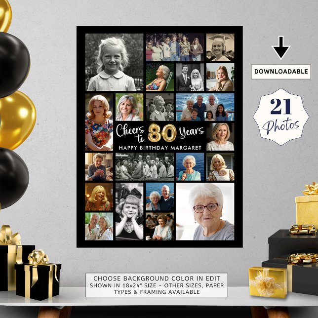 80th Birthday Black Gold 21 Photo Cheers to Years Poster (Creator Uploaded)