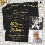 80th Birthday  Black Gold 80 YEARS IN THE MAKING Invitation<br><div class="desc">Invite guests to a birthday party 80 YEARS IN THE MAKING with these festive editable black and gold invitations featuring a retro typography title design, string lights and personalised with 2 photos (perhaps use Then and Now pictures for a memorable keepsake). PHOTO TIP: Choose photos with the subject in the...</div>