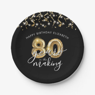 80th Birthday Black Gold Balloon Script Streamers Paper Plate