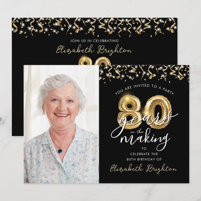 80th Birthday Black Gold Balloons One Photo Invitation (Front/Back)