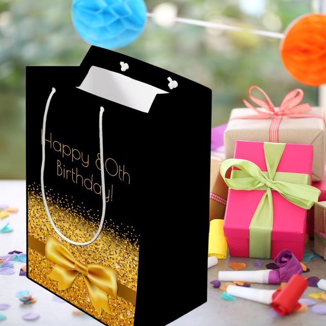 80th birthday black gold bow medium gift bag (Creator Uploaded)