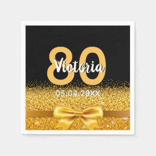 80th birthday black gold bow name napkin