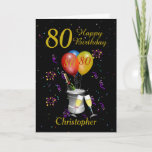 80th Birthday Black Gold Celebration Card<br><div class="desc">Happy birthday 80th age card. This bright card features an ice bucket with bottle of sparkling wine, flute glasses balloons, and confetti all on a black background with gold coloured text. Can be customise for any age and title then personalise by amending the name and the message inside which currently...</div>