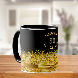 80th birthday black gold classic elegant bow name mug