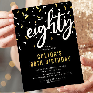 80th Birthday Black Gold Confetti Invitation