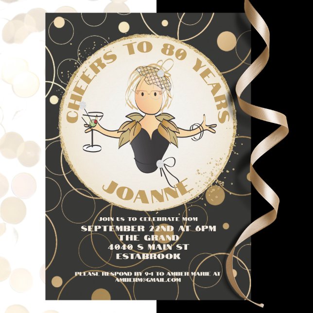 80th Birthday Black Gold Funny For Her Birthday Invitation (Creator Uploaded)