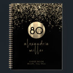 80th Birthday Black Gold Glitter Guestbook Notebook<br><div class="desc">Elegant 80th Birthday Party Celebration Guestbook Black Gold Glitter Sparkle Brushed Metal Name Feminine Script Custom Text Template Guest Book</div>