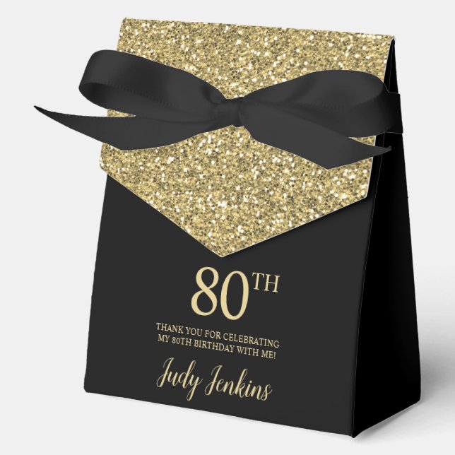 80th Birthday Black Gold Glitter Thank You Favour Box (Front)