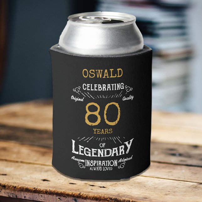 80th Birthday Black Gold  Legendary Funny Can Cooler (A personalized 80th birthday elegant can cooler )