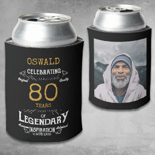 80th Birthday Black Gold Legendary Photo Can Cooler