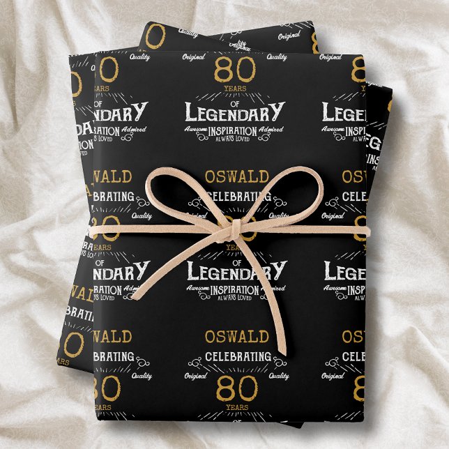 80th Birthday Black Gold  Legendary Retro Wrapping Paper Sheet (Vintage Black Gold Elegant wrapping paper - Personalized 80th Birthday Celebration )