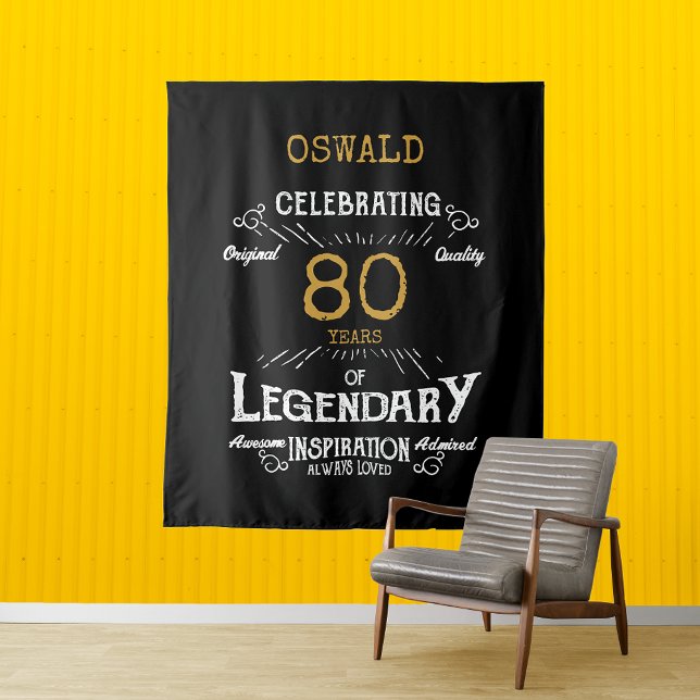 80th Birthday Black Gold  Legendary Vintage Tapestry (A personalized elegant 80th birthday vintage tapestry backdrop)