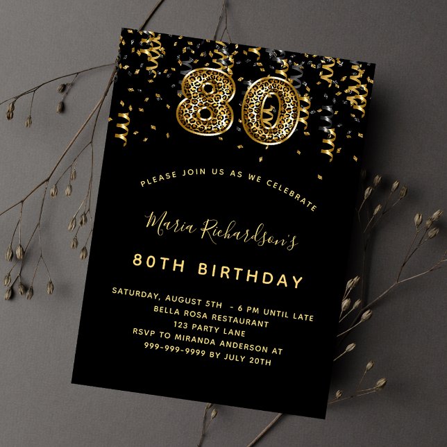 80th birthday black gold leopard print luxury invitation (Creator Uploaded)