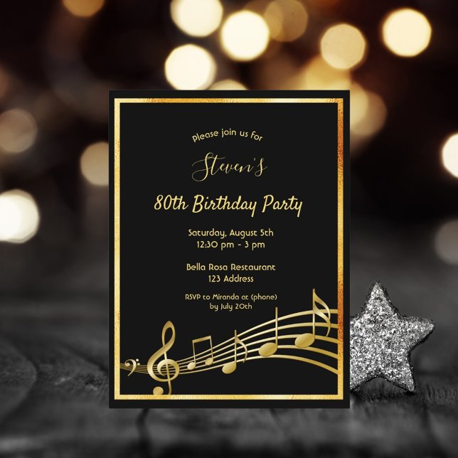 80th birthday black gold music notes invitation postcard (Creator Uploaded)