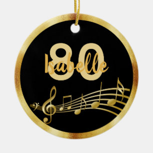 80th birthday black gold music notes name ceramic tree decoration