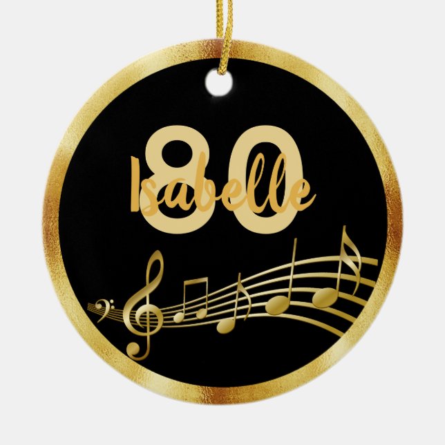 80th birthday black gold music notes name ceramic tree decoration (Front)