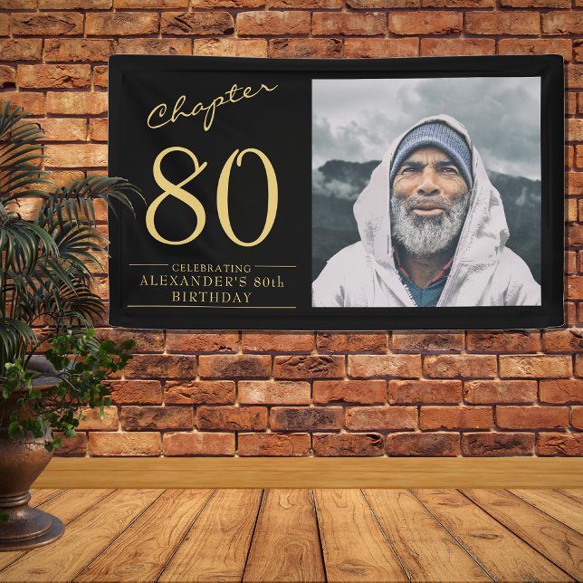 80th Birthday Black Gold Photo Banner (Make that 80th Birthday party special with this personalized black and gold wall banner.)