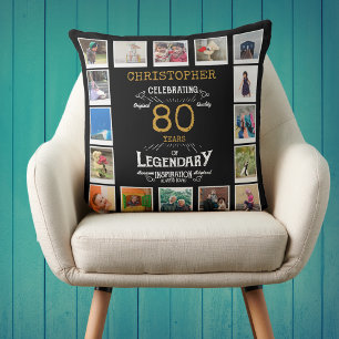 80th Birthday Black Gold Photo Collage Cushion