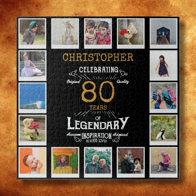 80th Birthday Black Gold Photo Collage Jigsaw Puzzle (A personalized elegant 80th birthday vintage puzzle that is easy to customize but hard to complete.)