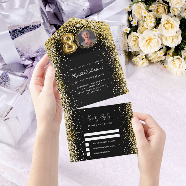 80th birthday black gold photo rsvp all in one invitation (Creator Uploaded)