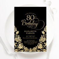 80th Birthday Black Gold Roses