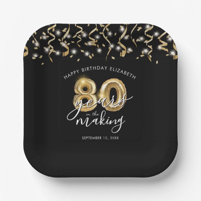 80th Birthday Black Gold Script Balloon Streamers Paper Plate (Front)