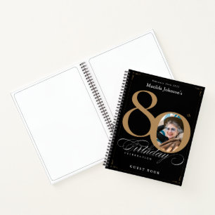 80th Birthday Black Gold Script Elegant Guestbook Notebook