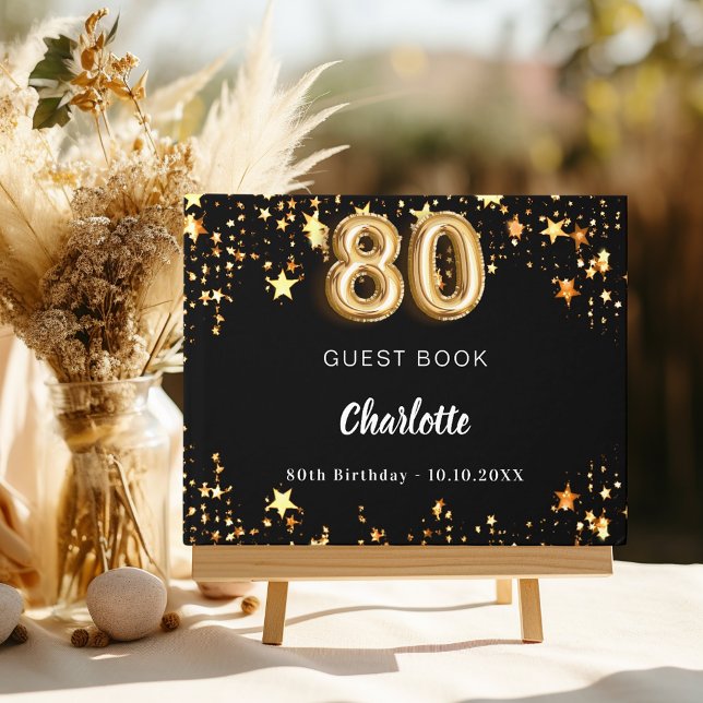 80th Birthday black gold stars Guest Book (Creator Uploaded)