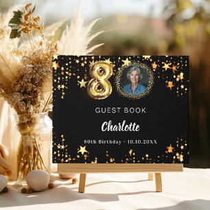 80th Birthday black gold stars photo Guest Book