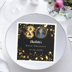 80th birthday black gold stars photo napkin