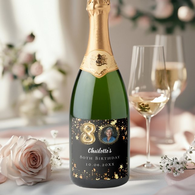 80th birthday black gold stars photo sparkling wine label (Creator Uploaded)